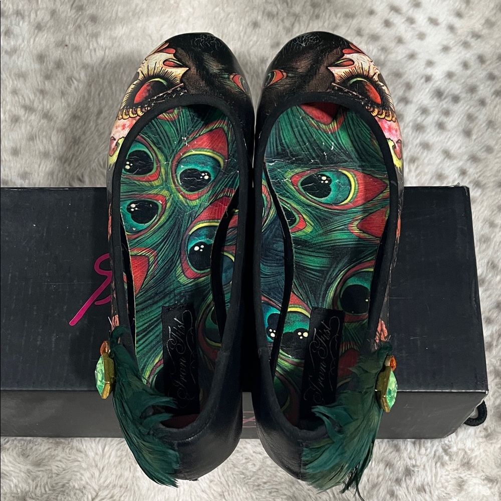 Iron Fist Black Multi Floral Skull Ballet Flats with Green Feather Accent - Picture 5 of 9